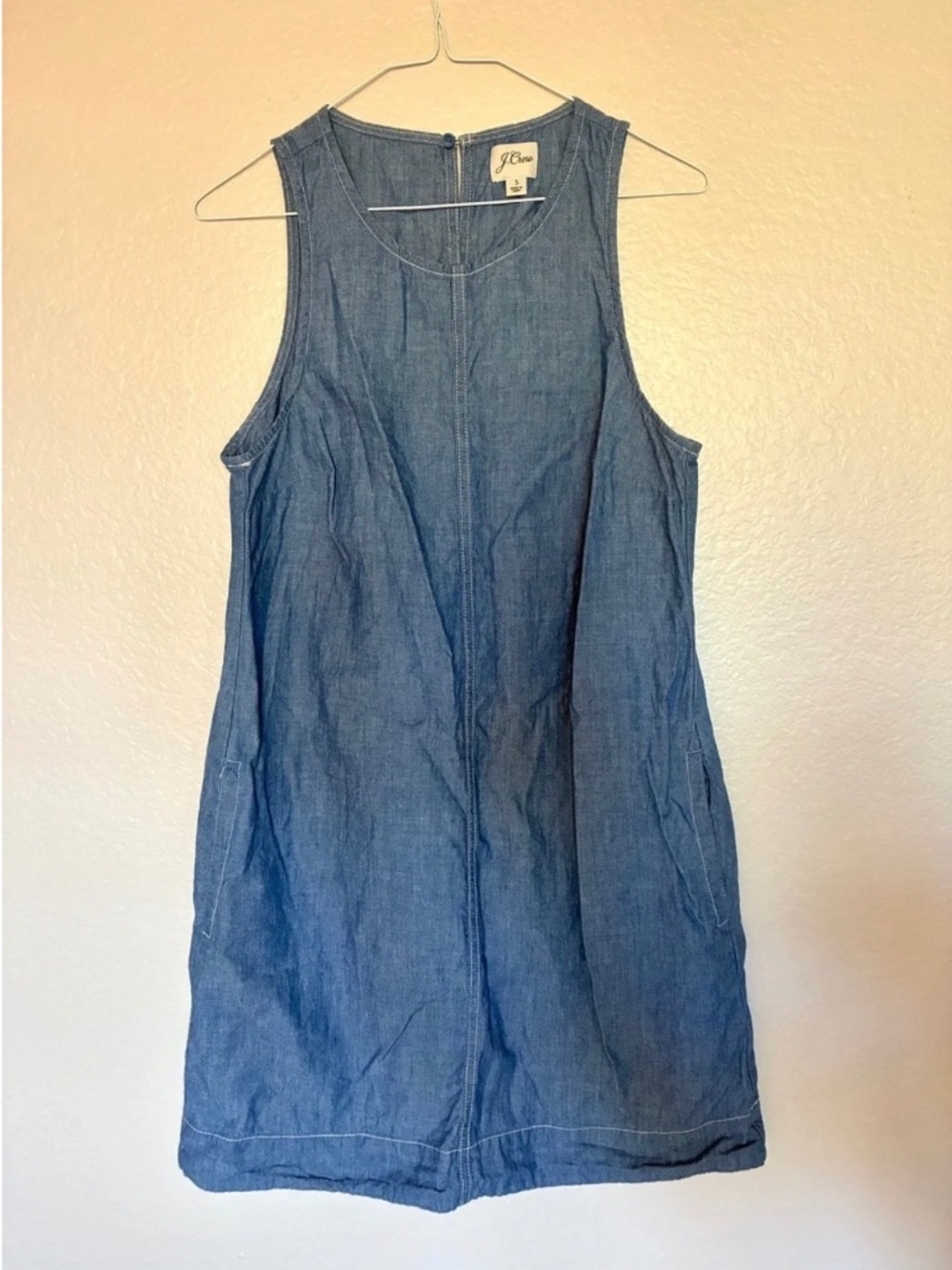 J. Crew 100% Cotton Denim Sleeveless Shift Dress Medium Blue White Lines Pockets